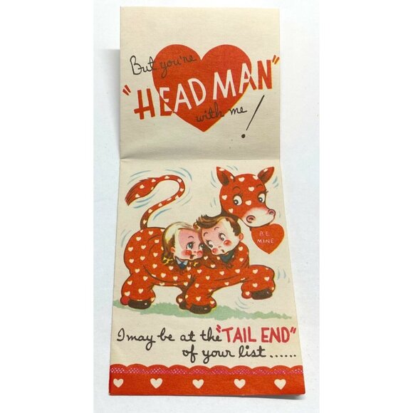 Valentines Day Vintage Greeting Card Red Hearts Cow Costume 1940s Blonde Girl - Picture 2 of 7
